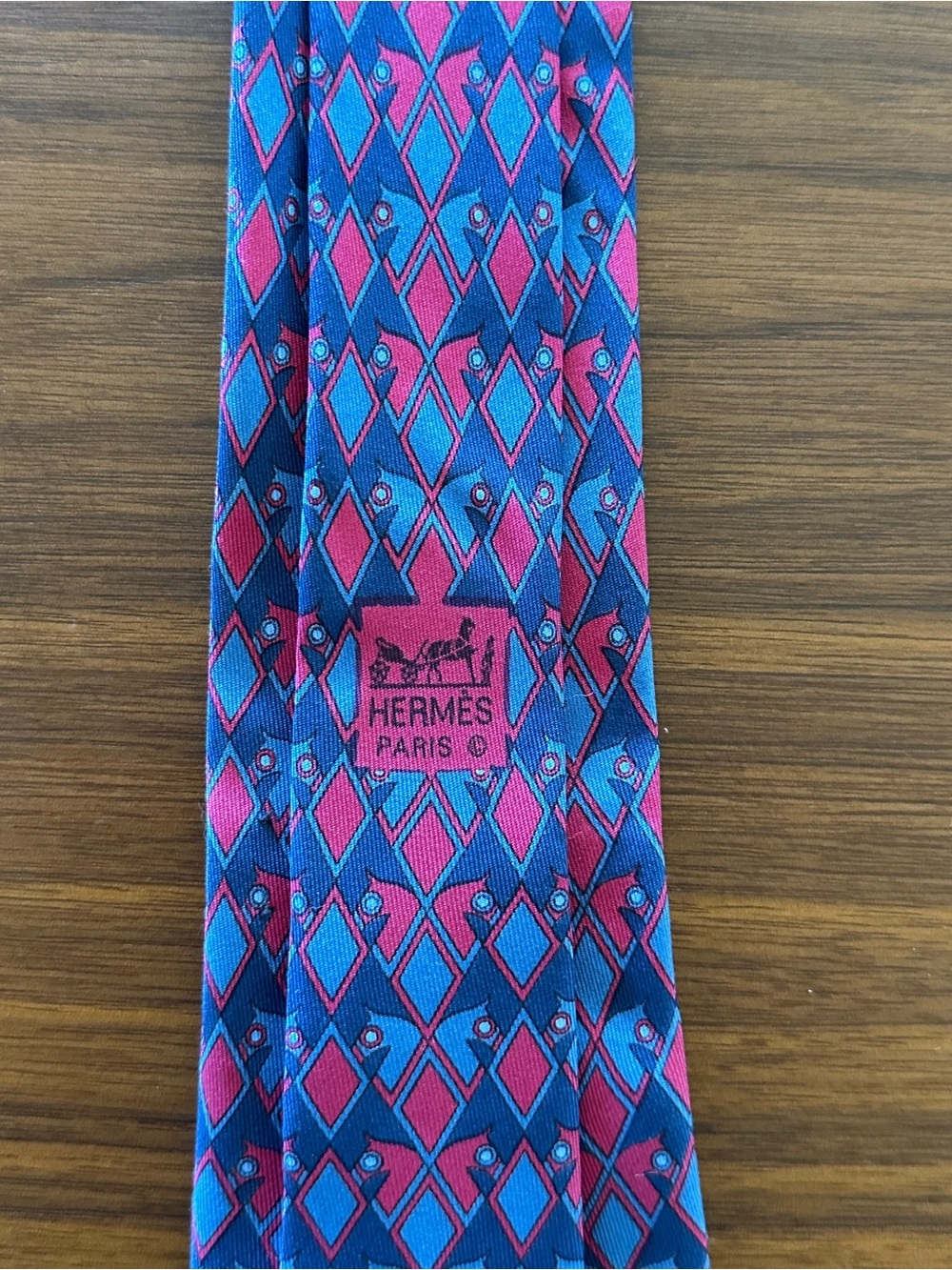 Hermes for Neiman Marcus Silk Tie in Blue and Pink Geometric Pattern (imperfect)